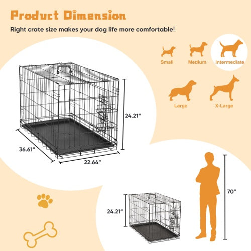 Dog Crate with Divider, Indoor Pet Kennel, Double Door, Folding Wire, Plastic Leak-Proof Plate