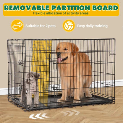 Dog Crate with Divider, Indoor Pet Kennel, Double Door, Folding Wire, Plastic Leak-Proof Plate