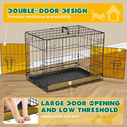 Dog Crate with Divider, Indoor Pet Kennel, Double Door, Folding Wire, Plastic Leak-Proof Plate