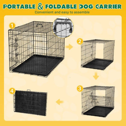 Dog Crate with Divider, Indoor Pet Kennel, Double Door, Folding Wire, Plastic Leak-Proof Plate