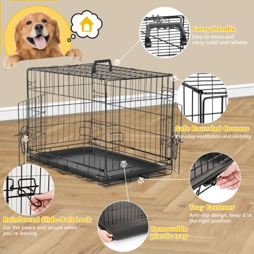 Dog Crate with Divider, Indoor Pet Kennel, Double Door, Folding Wire, Plastic Leak-Proof Plate